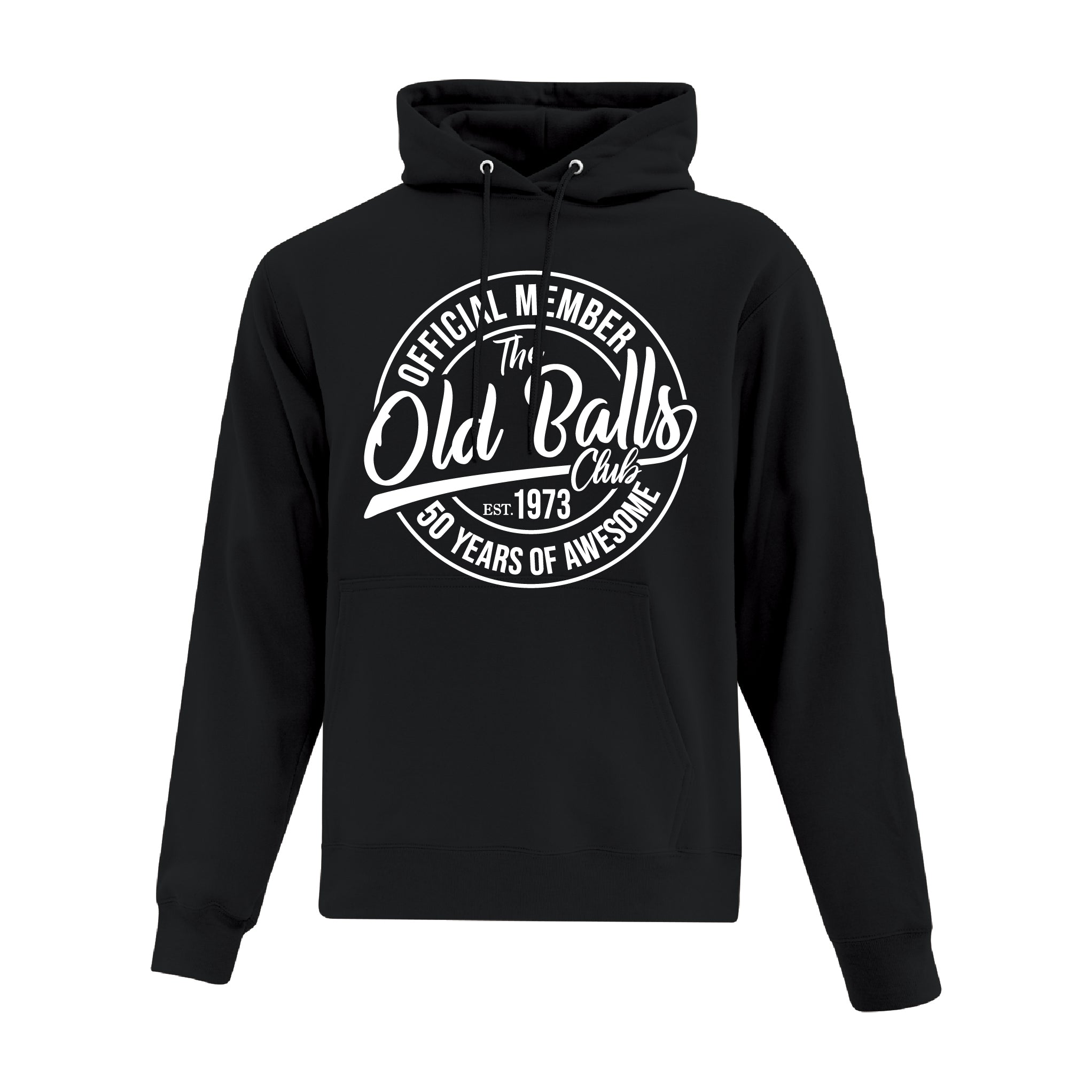 Black Hooded Sweatshirt with design reading "Official Member of the Old Balls Club" for a 50th birthday shirt