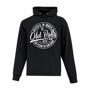 Black Hooded Sweatshirt with design reading "Official Member of the Old Balls Club" for a 50th birthday shirt