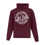 Maroon Hooded Sweatshirt with design reading "Official Member of the Old Balls Club" for a 50th birthday shirt