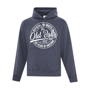 Navy Hooded Sweatshirt with design reading "Official Member of the Old Balls Club" for a 50th birthday shirt