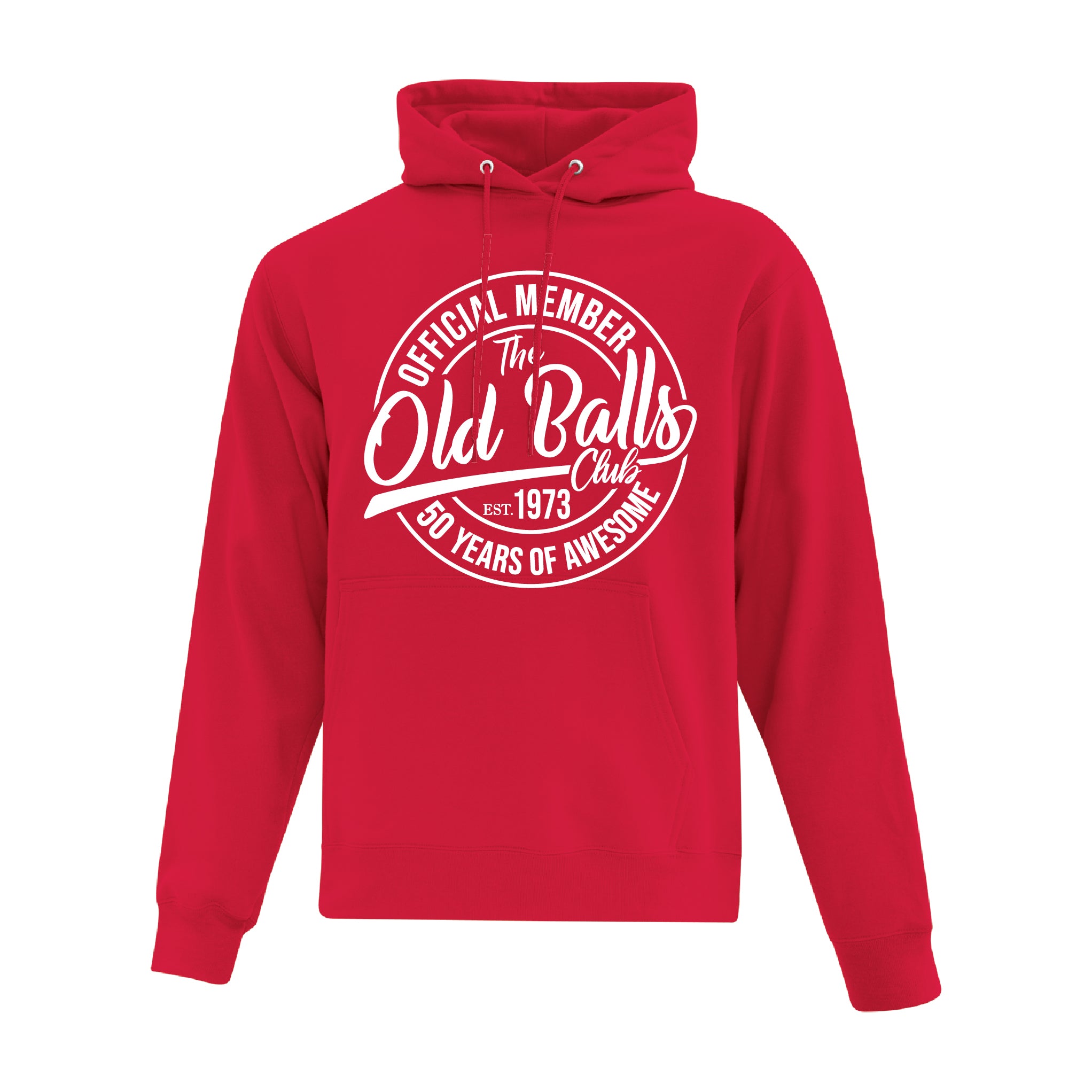 Red Hooded Sweatshirt with design reading "Official Member of the Old Balls Club" for a 50th birthday shirt