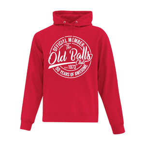 Red Hooded Sweatshirt with design reading "Official Member of the Old Balls Club" for a 50th birthday shirt