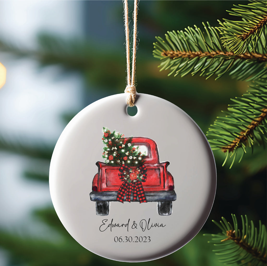 3 Inch Ceramic Ornament - Red truck with couples name and date