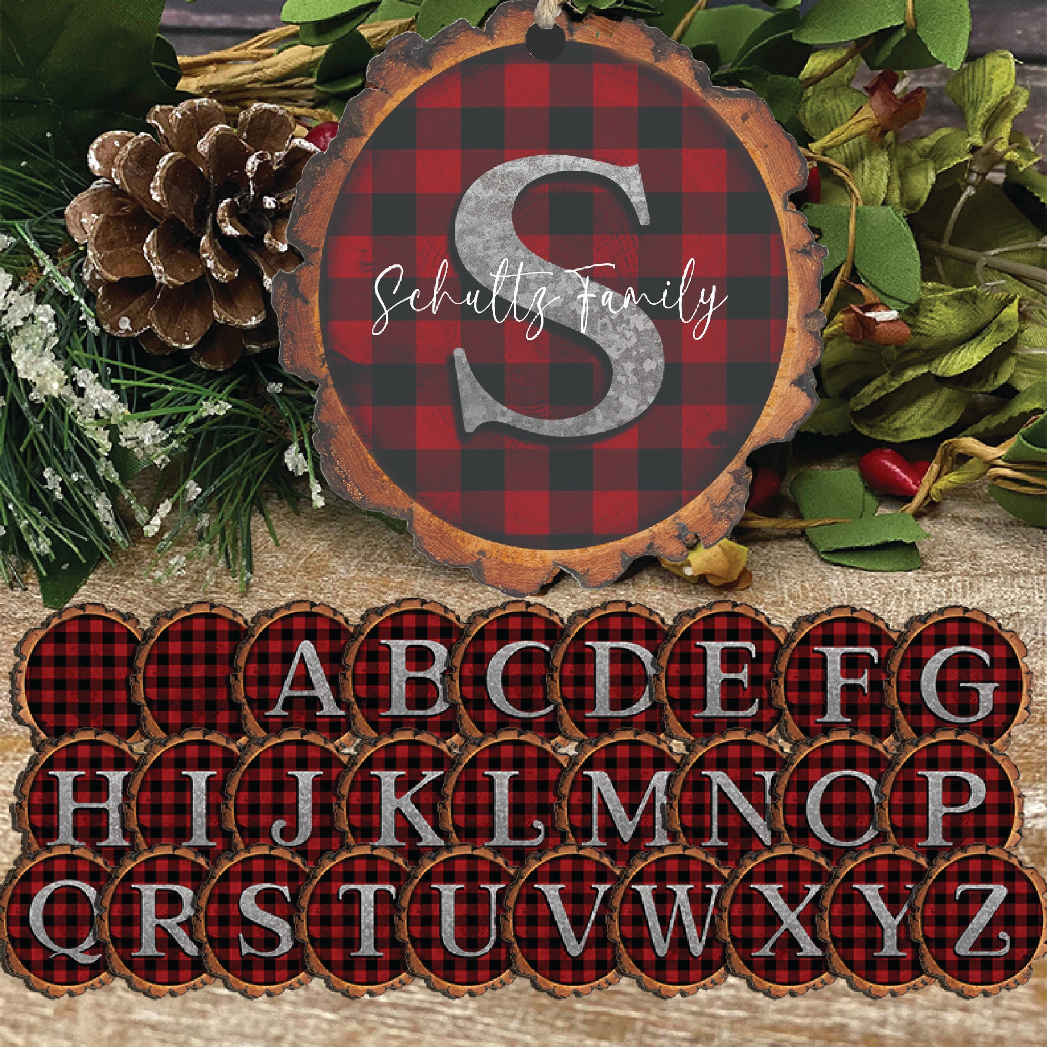 Rustic Wood Slice Ornament -Buffalo Plaid Family Name