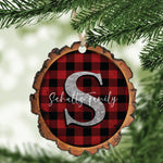 Rustic Wood Slice Ornament -Buffalo Plaid Family Name