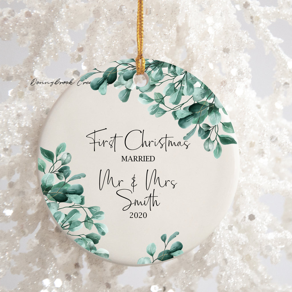 3 Inch Flat Ceramic Ornament - First Christmas Married