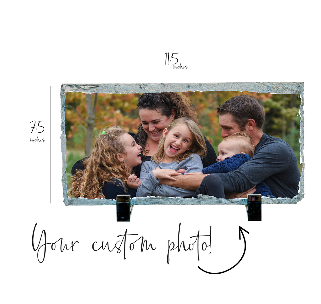 Display your beautiful images or works of art on this elegant Natural stone  Add full colour images and text to this rectangle shaped slate measuring 7.5" high x 11.5 inches long. Comes with a box, gloss finish and 2-photo stands. 